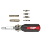 Milwaukee screwdriver with red and black cushion grip handle and interchangeable metal bits displayed separately above.