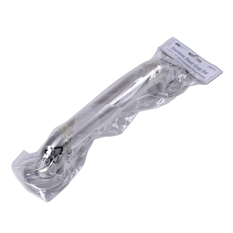 Satin stainless steel grab bar with concealed flanges and mounting hardware, packaged in plastic.