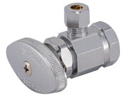 Chrome angle stop valve with knurled handle and 3/8 inch compression fitting connections on inlet and outlet ports.
