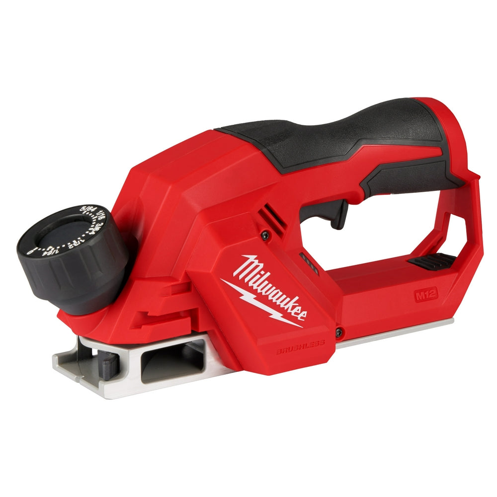 Red and black Milwaukee M12 brushless planer with dust collection attachment and grip handle.