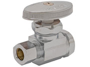 Chrome compression stop valve with knurled handle, brass inlet fitting, and 1/2 inch connections.