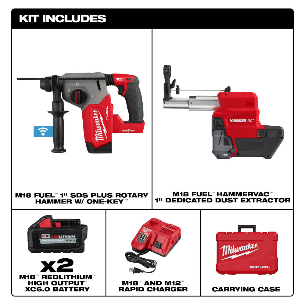 Milwaukee M18 FUEL 1" SDS Plus rotary hammer with ONE-KEY, dust extractor, two batteries, charger, and carrying case.