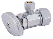 Chrome angle stop valve with flat handle, compression inlet and outlet ports, key slot on handle.