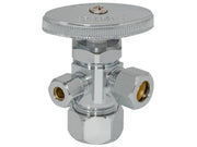 Chrome stop valve with large knurled handle and two brass outlet ports positioned at angles.
