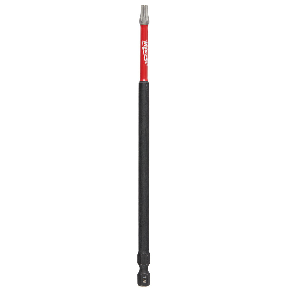 Six-inch Milwaukee Shockwave Torx T25 impact power bit with red and black shaft.