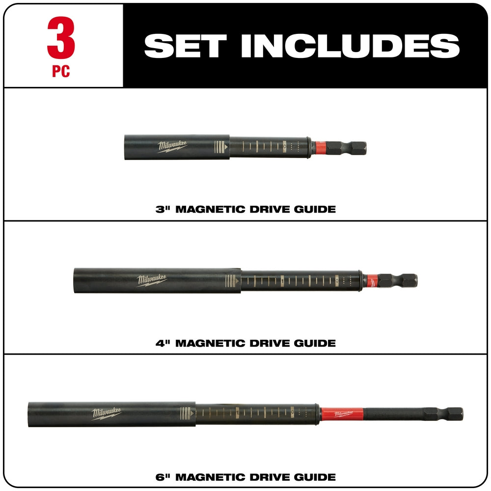 Three Milwaukee magnetic drive guides in 3", 4", and 6" lengths with black barrels, measurement markings, and red accent band