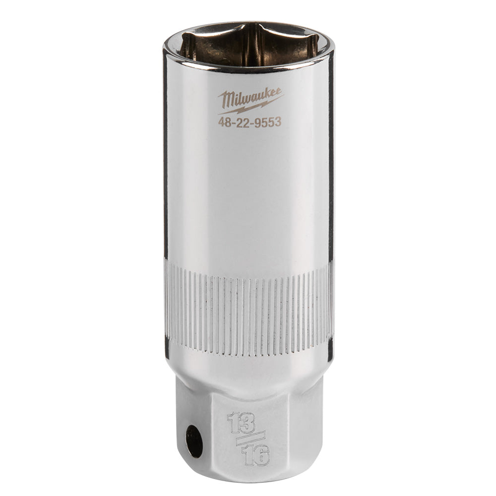 Milwaukee 3/8" drive 13/16" spark plug socket with chrome finish and ribbed grip section.