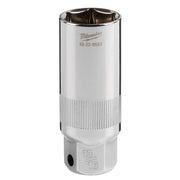 Milwaukee 3/8" drive 13/16" spark plug socket with chrome finish and ribbed grip section.