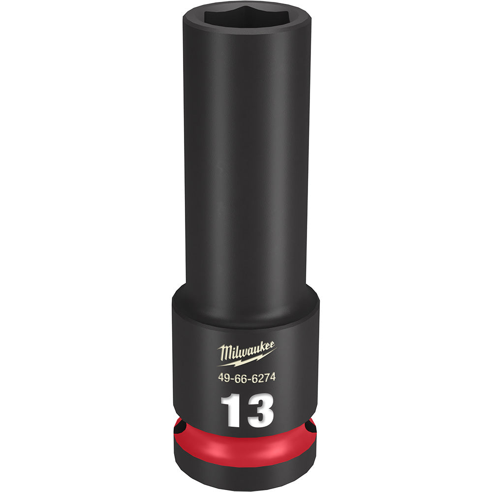 Black Milwaukee deep socket with hexagonal opening, red grip band at base, labeled 13MM.