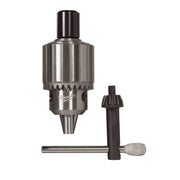 Metal chuck adapter with tapered shank and gear teeth, shown with adjustment key and wrench.