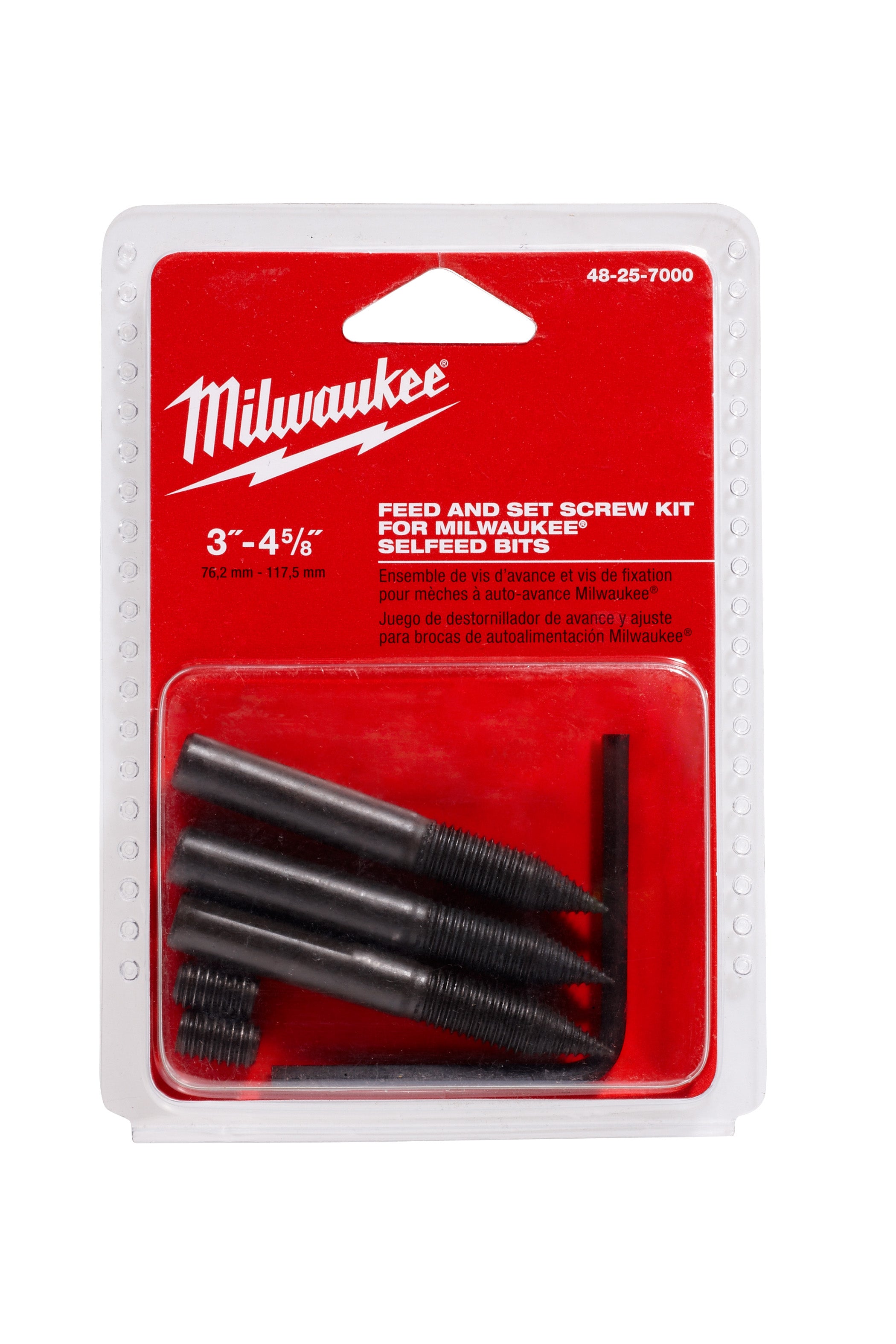 Milwaukee feed and set screw kit for self-feed bits, 3"-4 5/8" in clear plastic blister packaging.