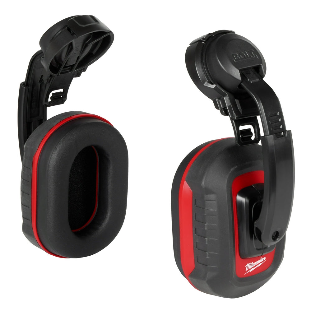 Black and red earmuffs with padded ear cups, adjustable headband, and fold-up design shown from two angles.