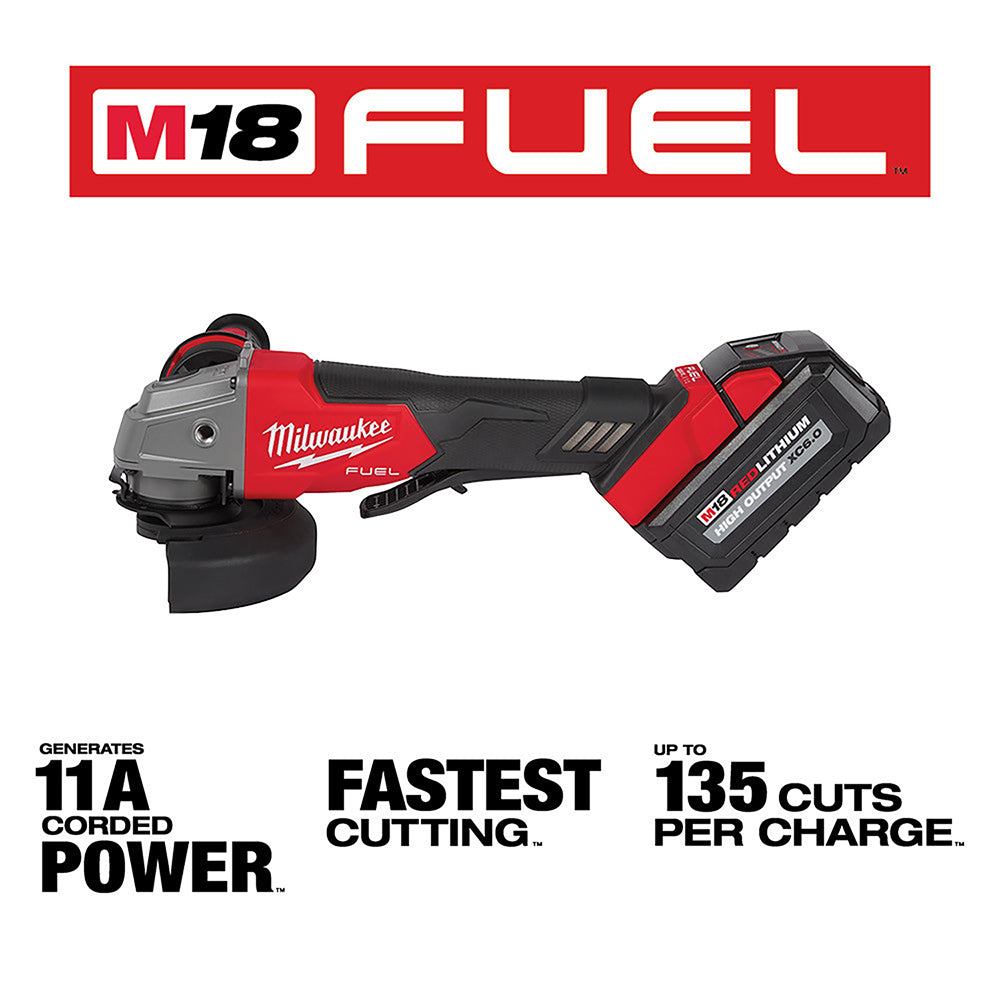 Milwaukee M18 FUEL angle grinder with paddle switch, red and black, shown with battery pack.