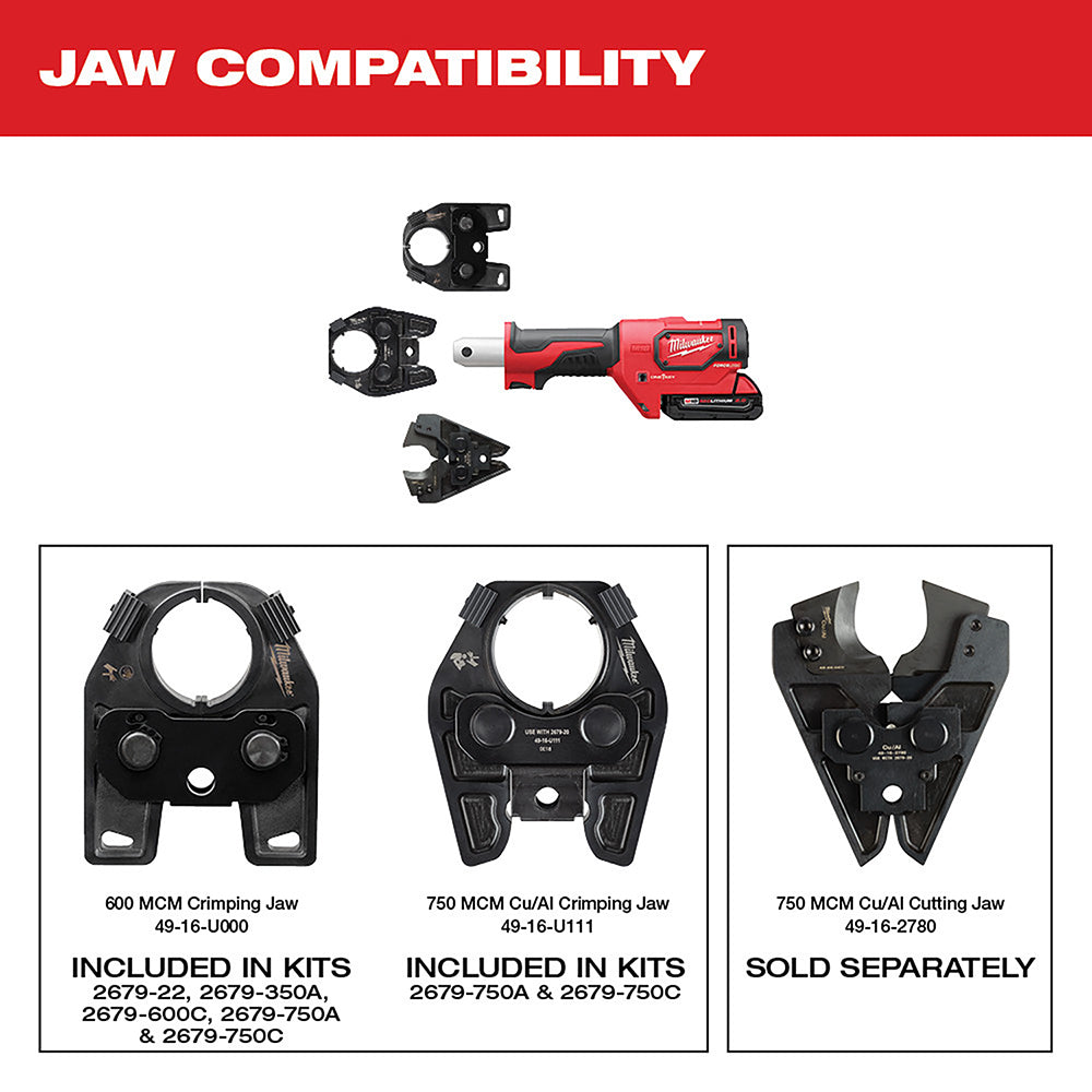 Milwaukee M18 FORCE LOGIC 600 MCM crimper with interchangeable jaw compatibility chart showing three black metal jaws.