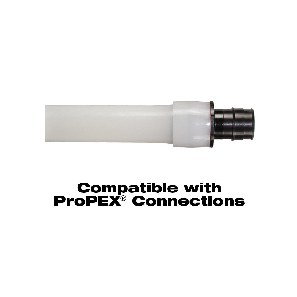 White PEX tubing connected to black and white expansion head attachment for ProPEX connections.