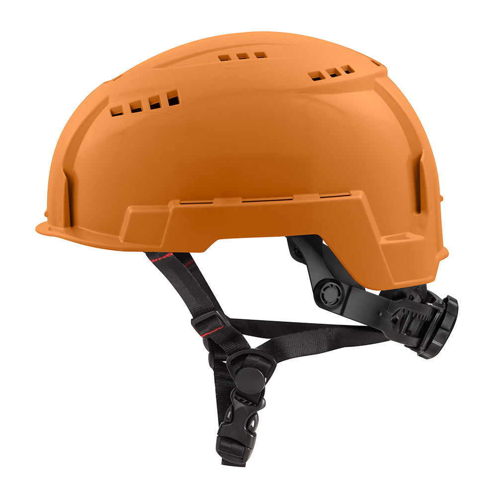 Orange vented safety helmet with black chin straps and ventilation slots across the crown.