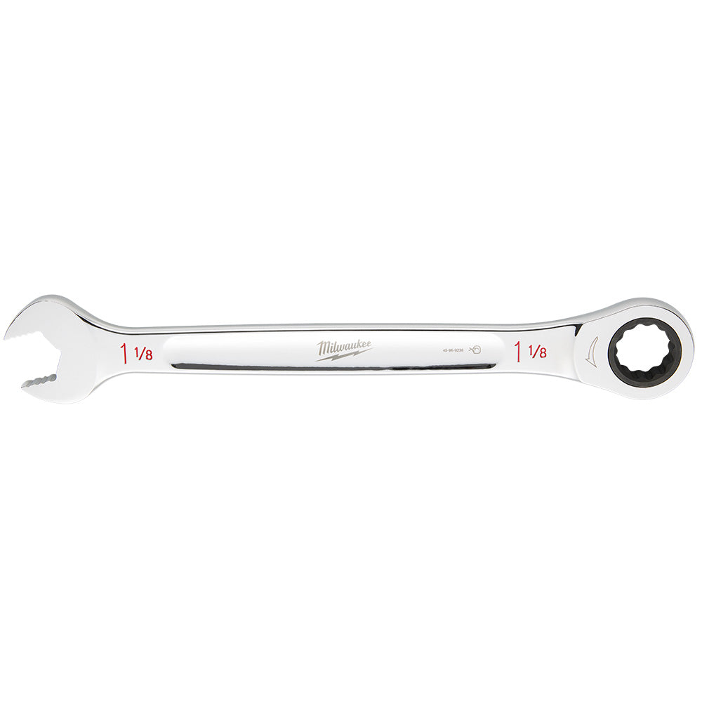 Milwaukee 1-1/8" ratcheting combination wrench with open end on left and ratchet socket on right.