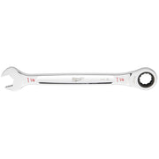 Milwaukee 1-1/8" ratcheting combination wrench with open end on left and ratchet socket on right.
