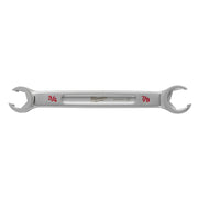 Chrome double end flare nut wrench with 3/4" and 7/8" openings and Milwaukee branding.