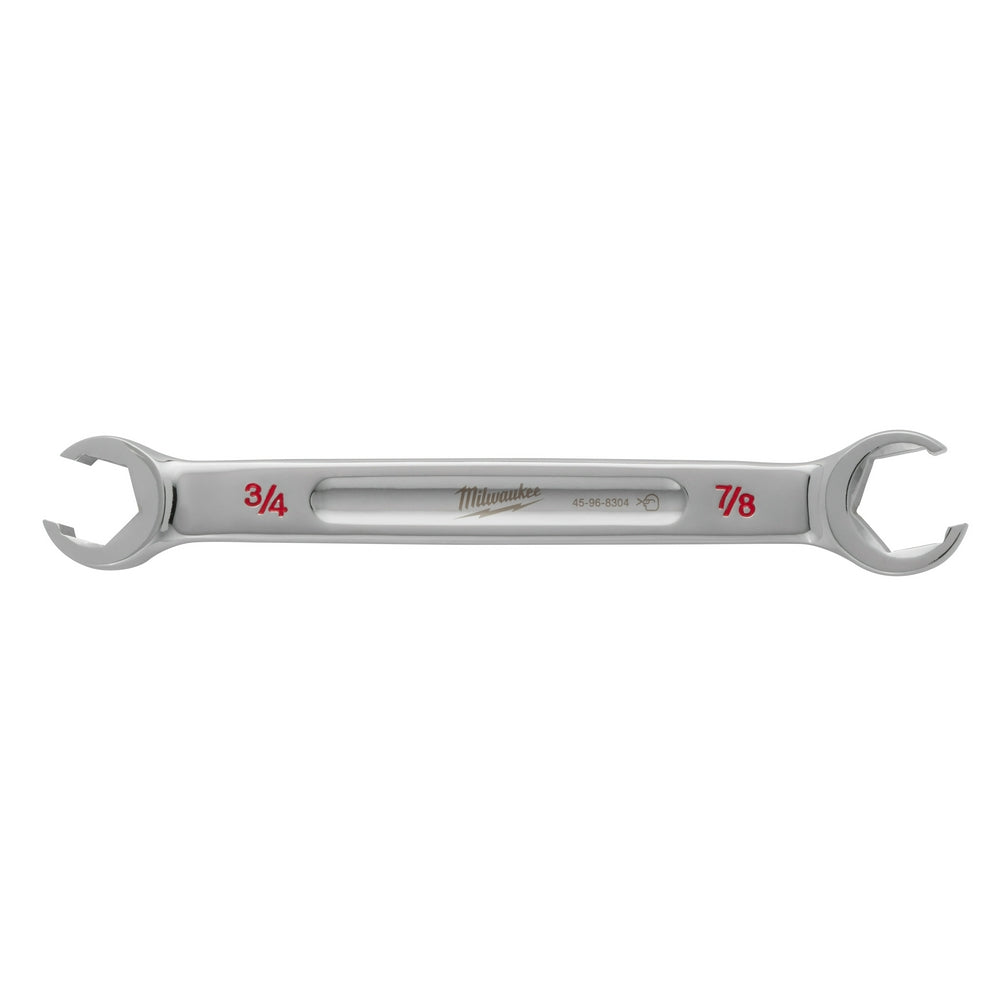 Chrome double end flare nut wrench with 3/4" and 7/8" openings and Milwaukee branding.