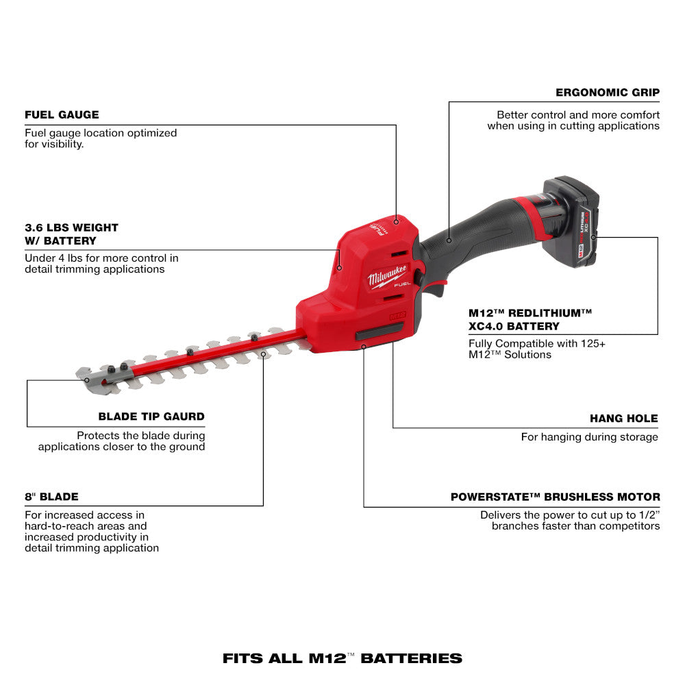 Red and black Milwaukee M12 FUEL cordless hedge trimmer with 8" blade, ergonomic grip, and battery pack shown from side angle