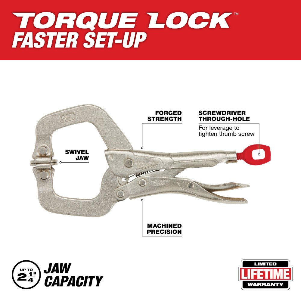 Milwaukee 6-inch locking C-clamp with swivel jaws, red thumb screw, and metal construction shown from side view.
