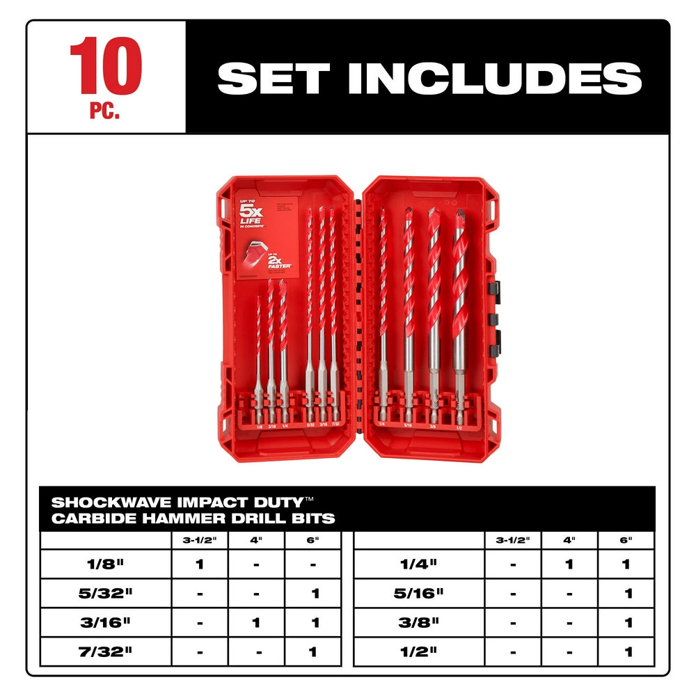 Ten carbide hammer drill bits in assorted sizes stored in a red plastic case with two hinged compartments.