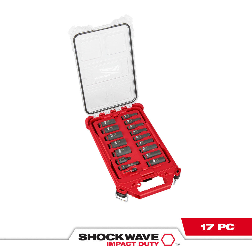 Red PACKOUT case with clear lid containing 17 black impact sockets arranged in two columns.