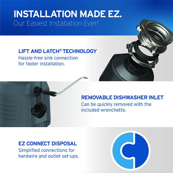Black InSinkErator garbage disposal unit with metal mounting ring, dishwasher inlet, and connecting cord displayed with insta