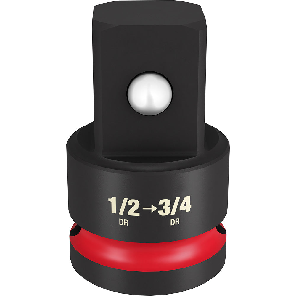 Black and red socket adapter with 1/2" drive male end and 3/4" drive female end, featuring a ball detent.