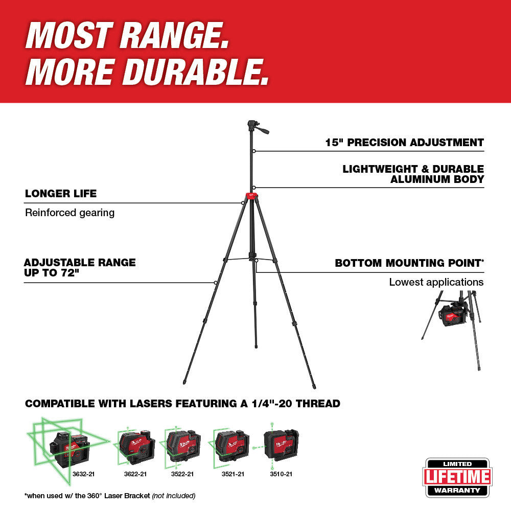 Black and red aluminum tripod with three legs, adjustable up to 72 inches, featuring red adjustment knobs and mounting points