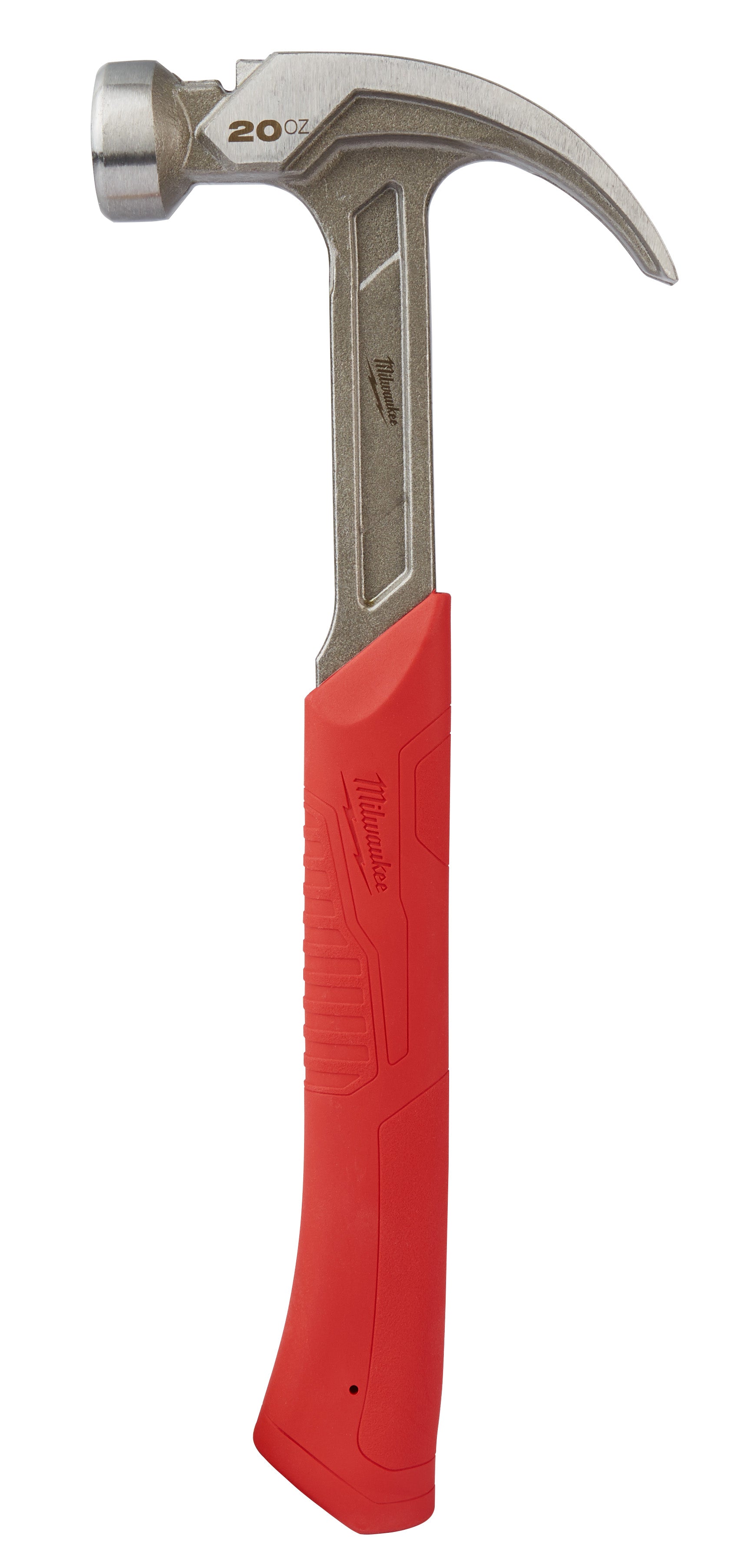 20 oz curved claw hammer with smooth metal face, red grip handle, and Milwaukee branding on steel head.