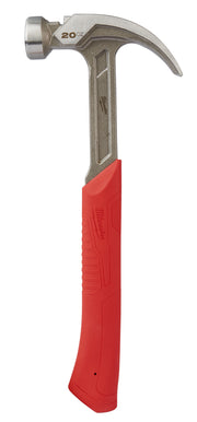 20 oz curved claw hammer with smooth metal face, red grip handle, and Milwaukee branding on steel head.