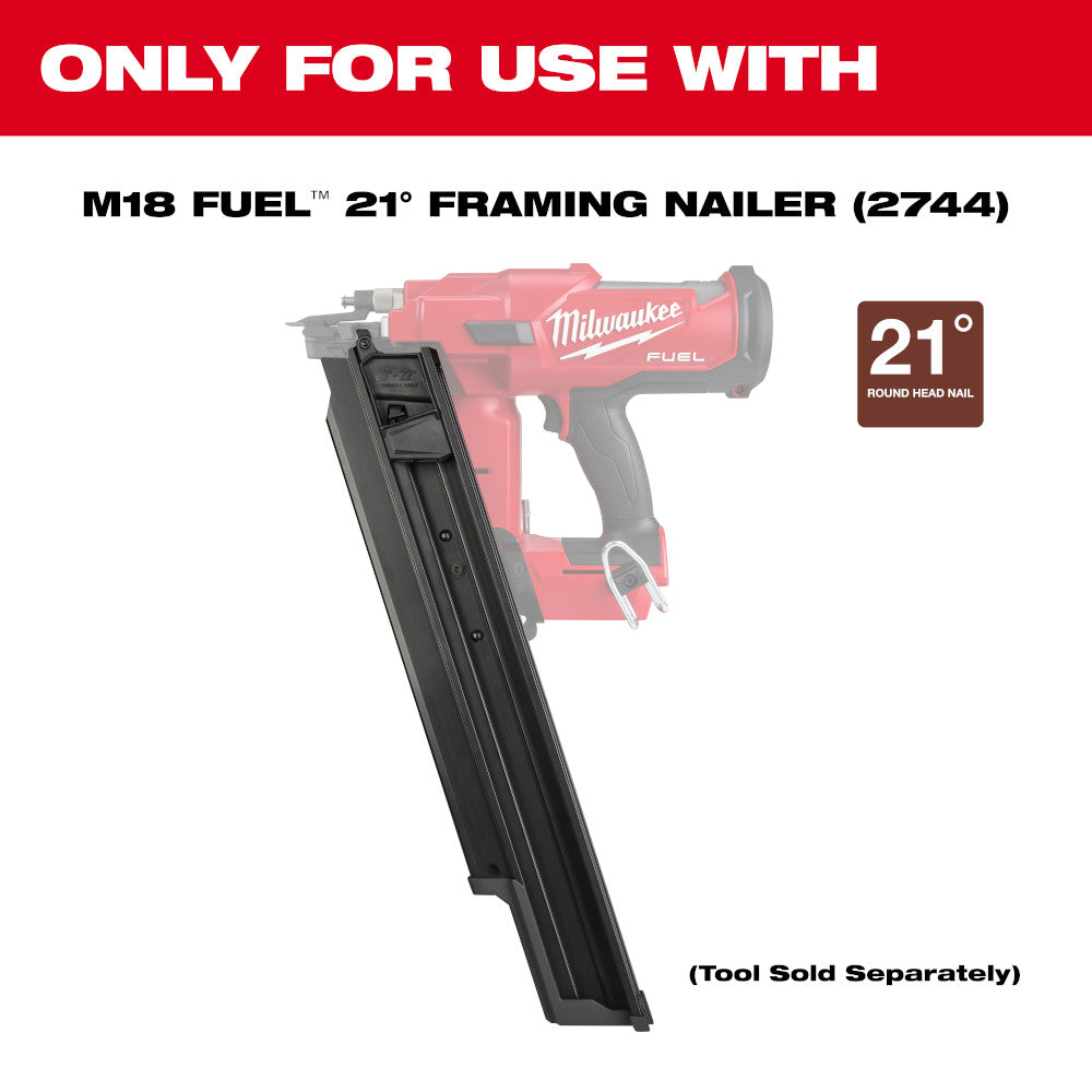 Black extended capacity magazine for Milwaukee M18 FUEL 21-degree framing nailer with attachment point and loading slot visib