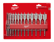 Milwaukee 13-piece flat boring bit set with various sized bits arranged on red packaging card.