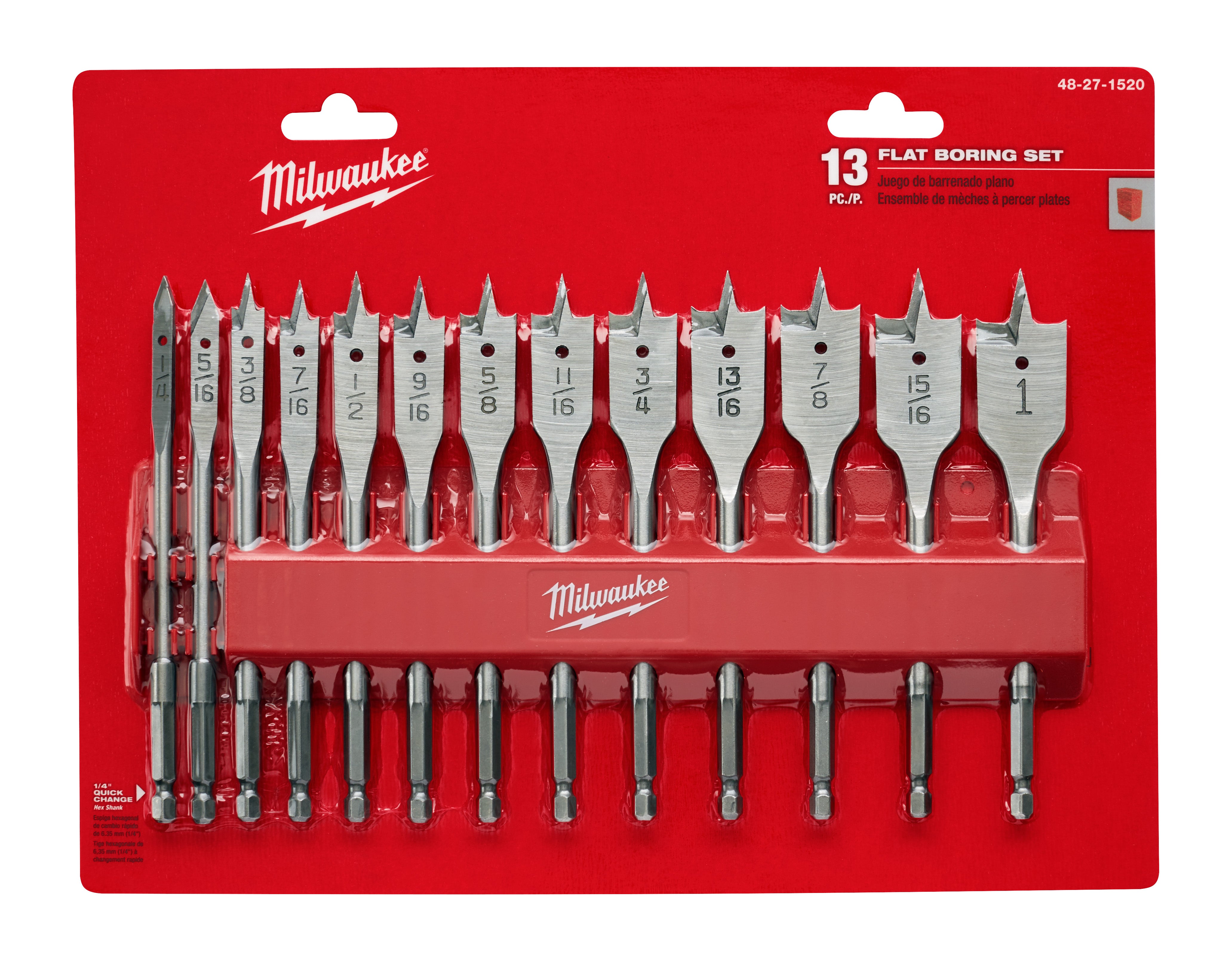 Milwaukee 13-piece flat boring bit set with various sized bits arranged on red packaging card.
