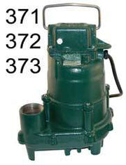 Green cast iron submersible sump pump with handle and discharge port.