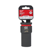 Milwaukee Shockwave 23mm deep socket with 3/4" drive and 6-point design, shown with packaging.
