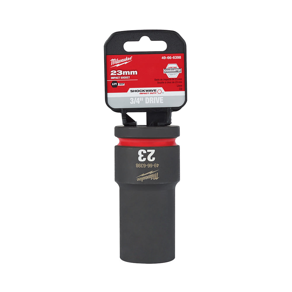 Milwaukee Shockwave 23mm deep socket with 3/4" drive and 6-point design, shown with packaging.