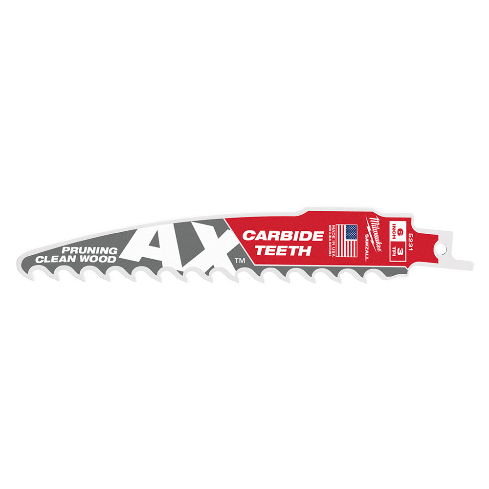 Milwaukee AX 6" SAWZALL blade with carbide teeth and red and black packaging labeled for pruning and clean wood.