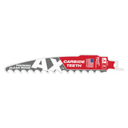 Milwaukee AX 6" SAWZALL blade with carbide teeth and red and black packaging labeled for pruning and clean wood.