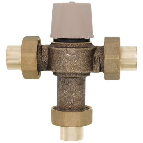 Watts 3/4" Lead Free Thermostatic Mixing Valve, Solder Union End Connections, Adjustable Out 80-120 F - 0559118