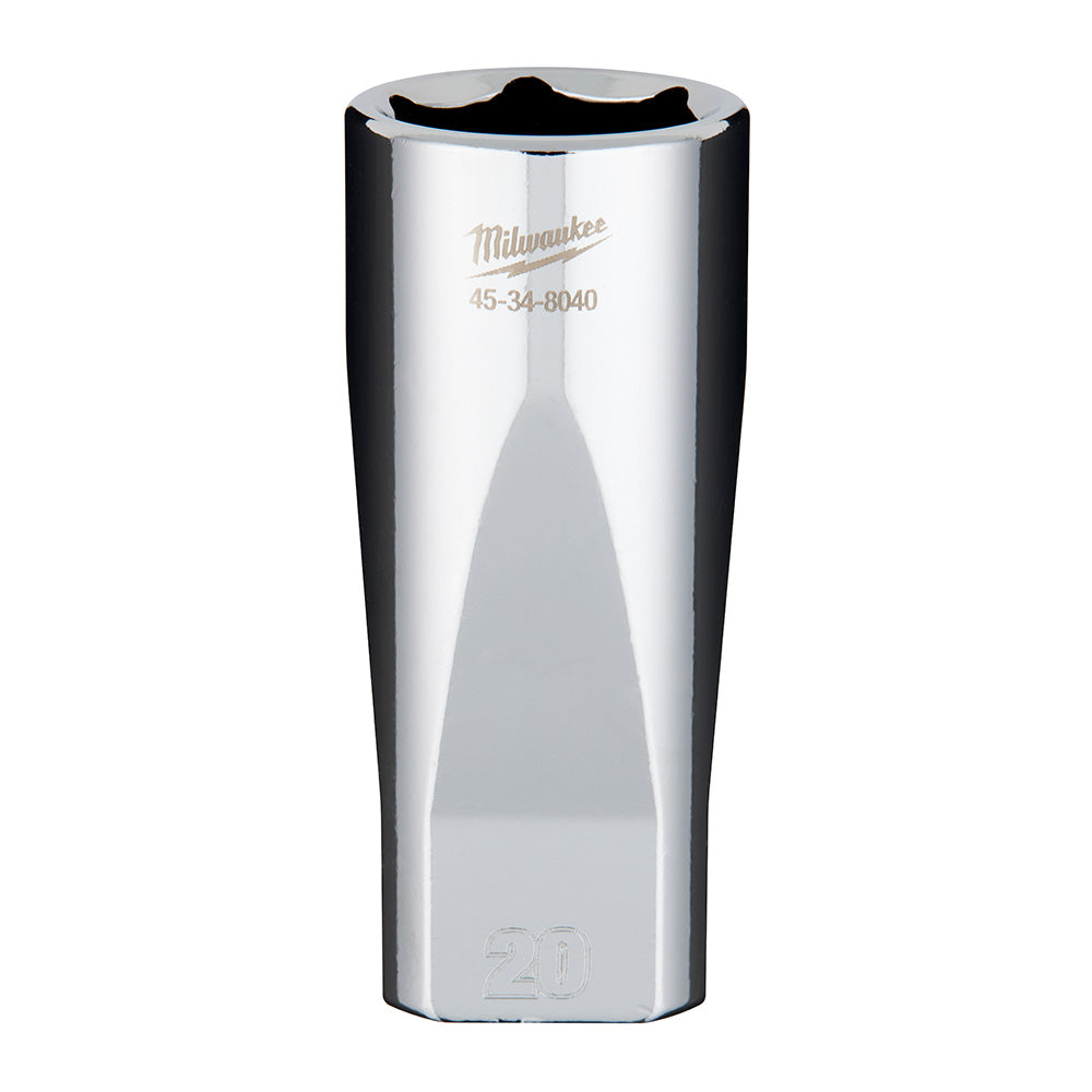 Chrome deep socket with 3/8" drive, 20mm size, marked with Milwaukee logo and model number on polished metal body.
