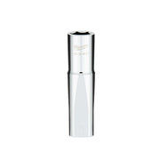 Polished steel deep socket with hexagonal opening and four flat sides on cylindrical body, Milwaukee branding visible.