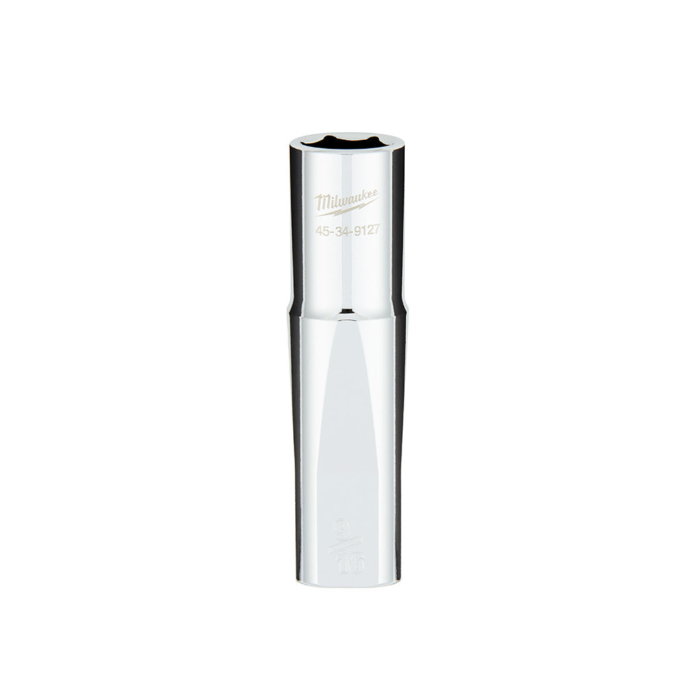 Polished steel deep socket with hexagonal opening and four flat sides on cylindrical body, Milwaukee branding visible.