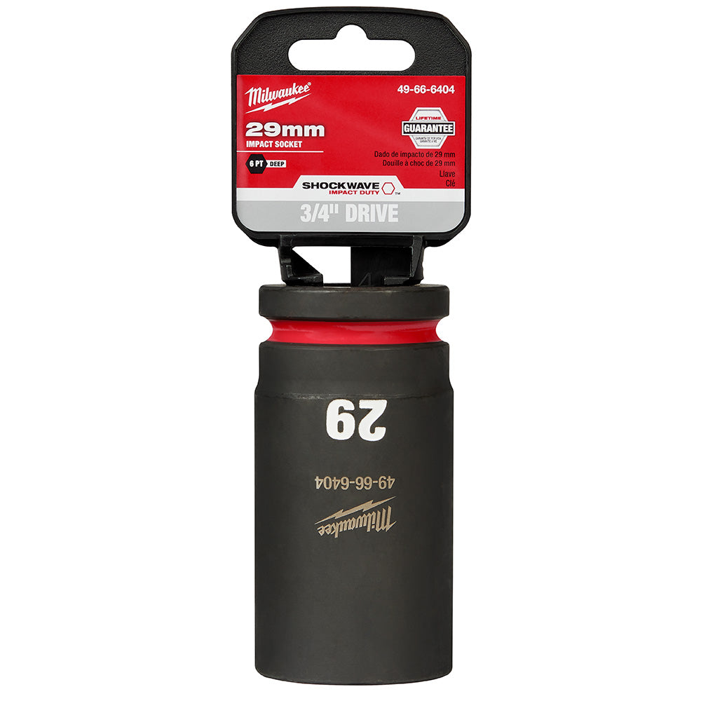 Milwaukee Shockwave 29mm deep 6-point socket with 3/4" drive and red/black packaging label.