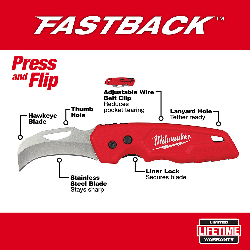 Milwaukee FASTBACK folding pocket knife with red handle, curved stainless steel blade, and adjustable wire belt clip.