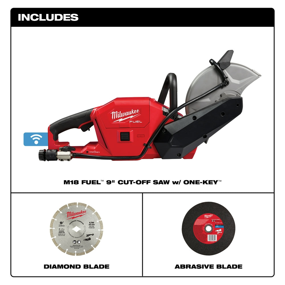 Milwaukee M18 FUEL 9 in. cut-off saw with dust collection, diamond blade, and abrasive blade included.