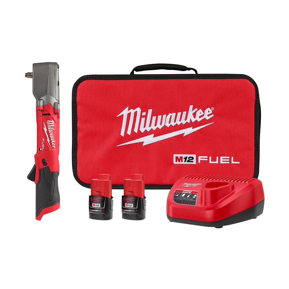 Milwaukee M12 FUEL right angle impact wrench kit with red carrying case, two batteries, and charger.