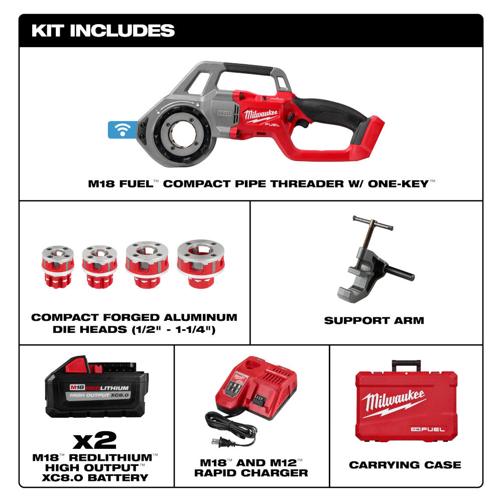 Milwaukee M18 FUEL compact pipe threader kit with red and gray tool body, four forged aluminum die heads, support arm, two ba